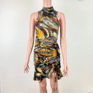 Women's WIN WIN Sheer Abstract Print Asymmetric Ruched Mini Dress NWT Size S